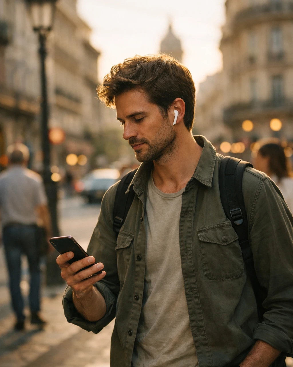 Traveler listening offline with earbuds while continuing a tour through the city