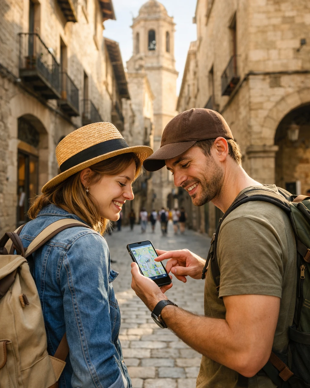 Travelers arriving in a city and opening a self-guided tour on a phone