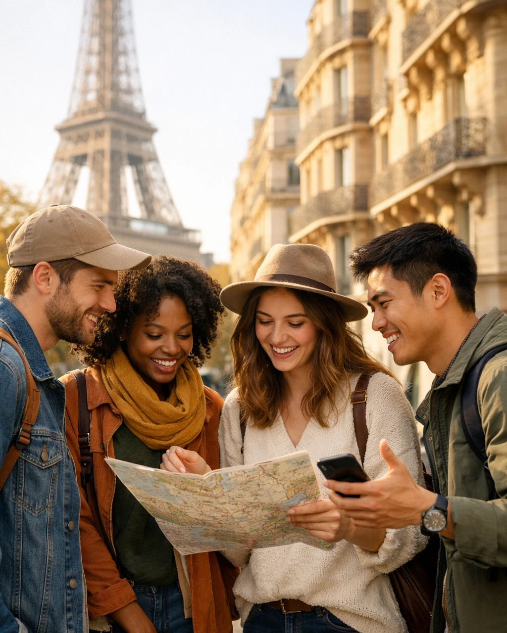 Friends sharing travel ideas together on a city walk