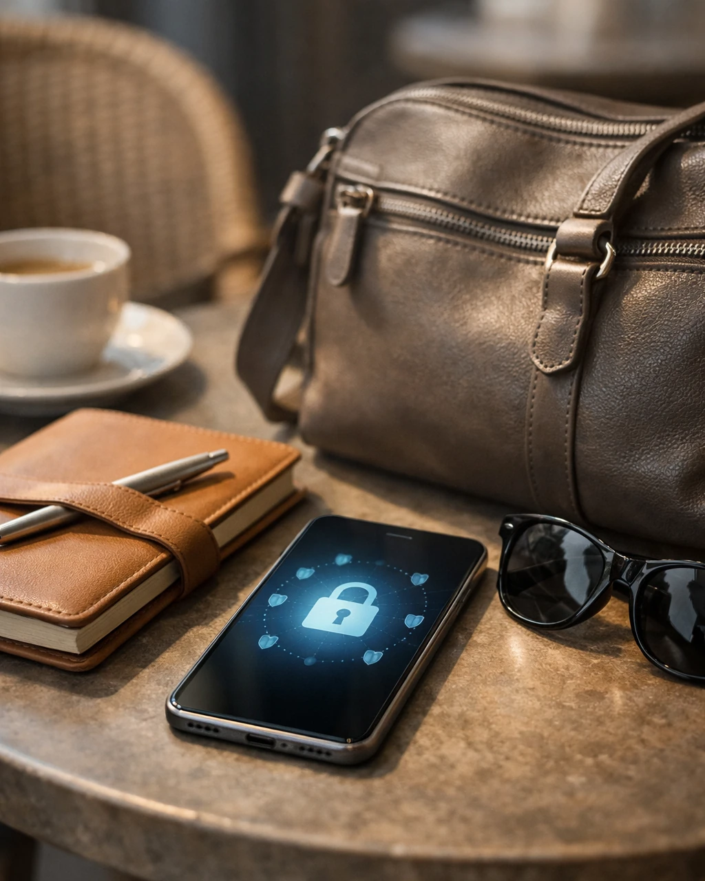 Secure mobile travel planning moment with a phone and personal bag on a café table