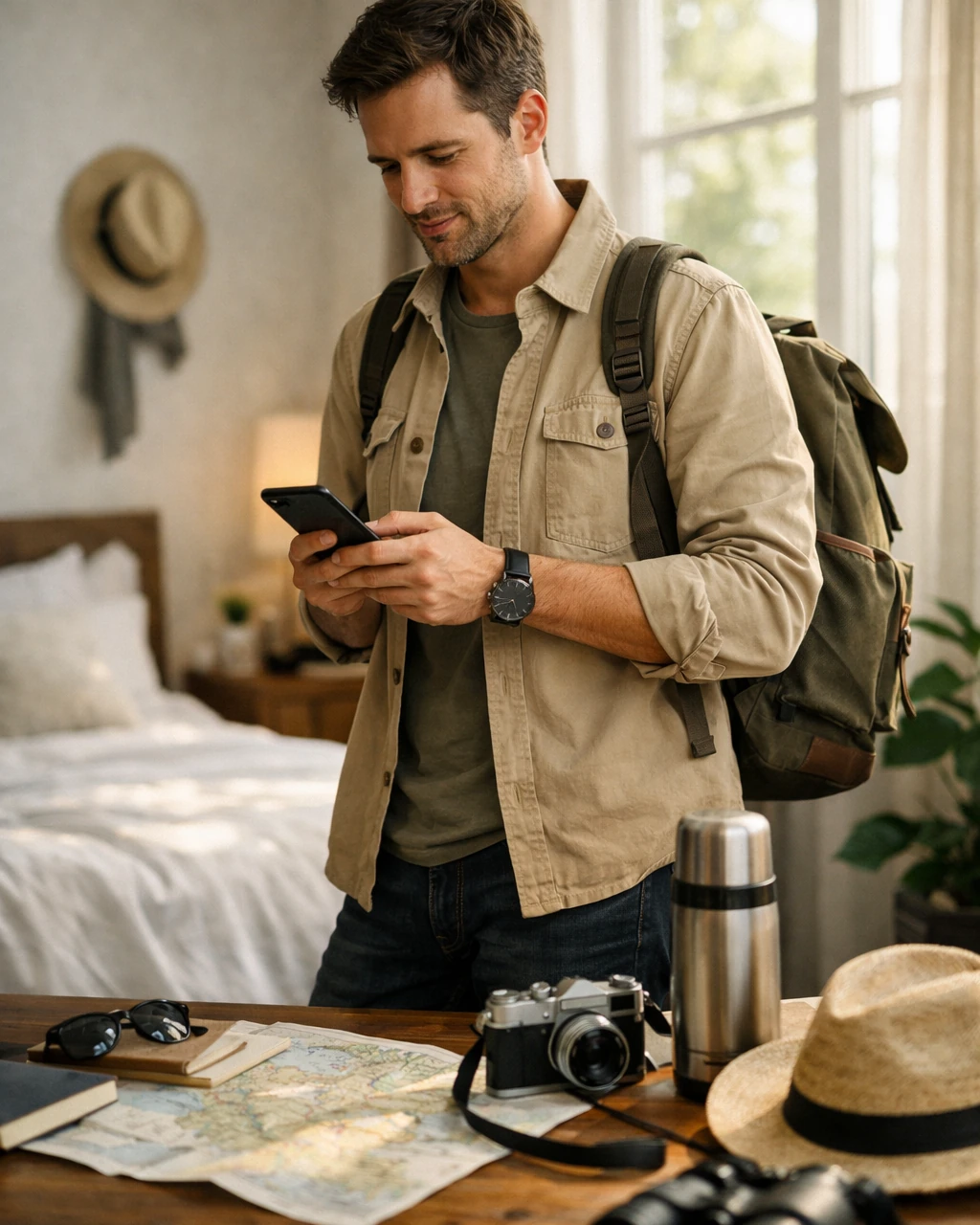 Traveler checking service status on a phone before heading out