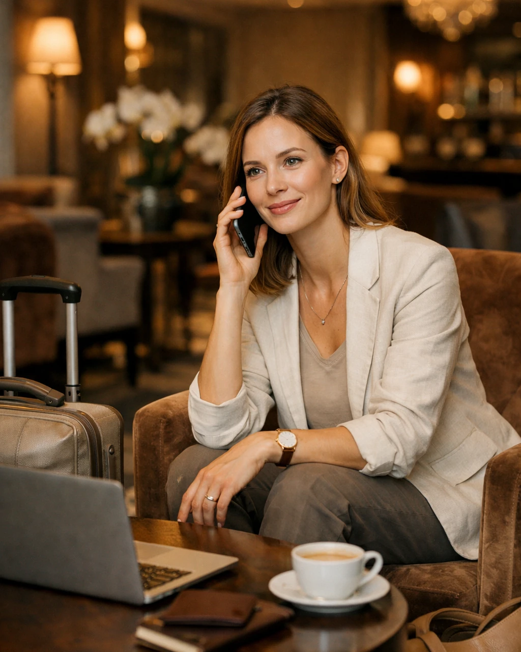 Traveler getting help on a phone while seated at a hotel lounge