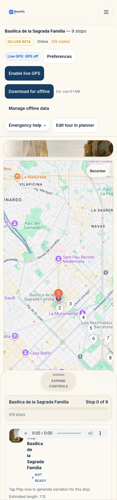 Roamify AI Go Live route preview open on a mobile phone