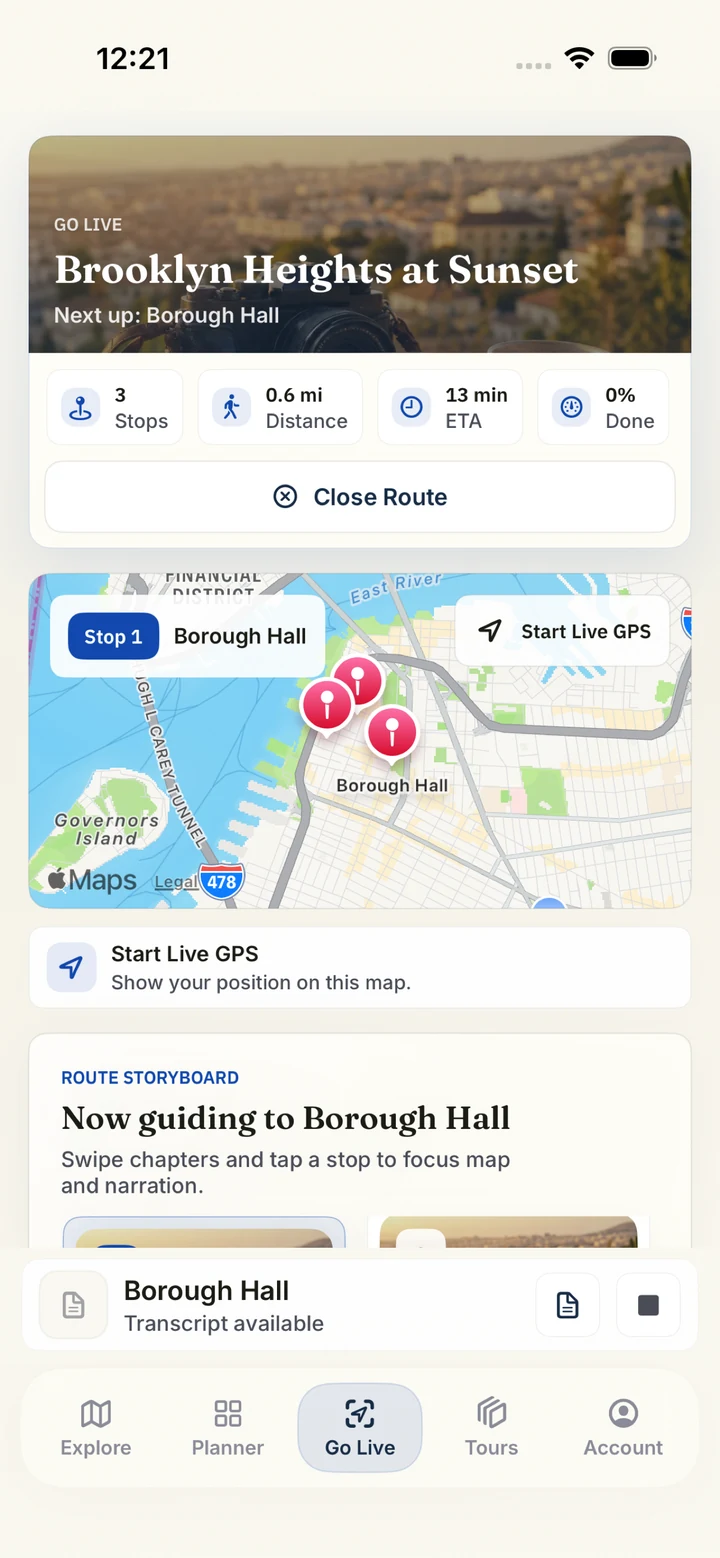 Roamify AI iOS Go Live route map with GPS and audio controls