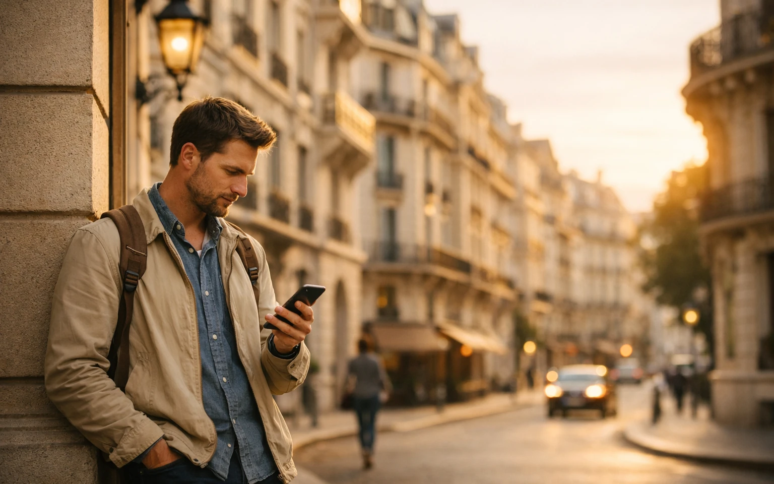 Traveler exploring a historic city street with a phone ready for a guided tour