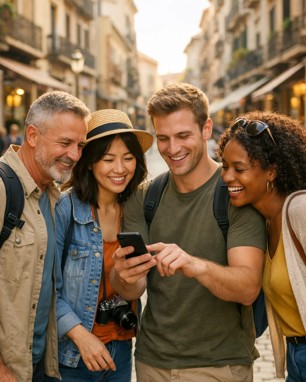 Small group checking a phone to continue a city tour together
