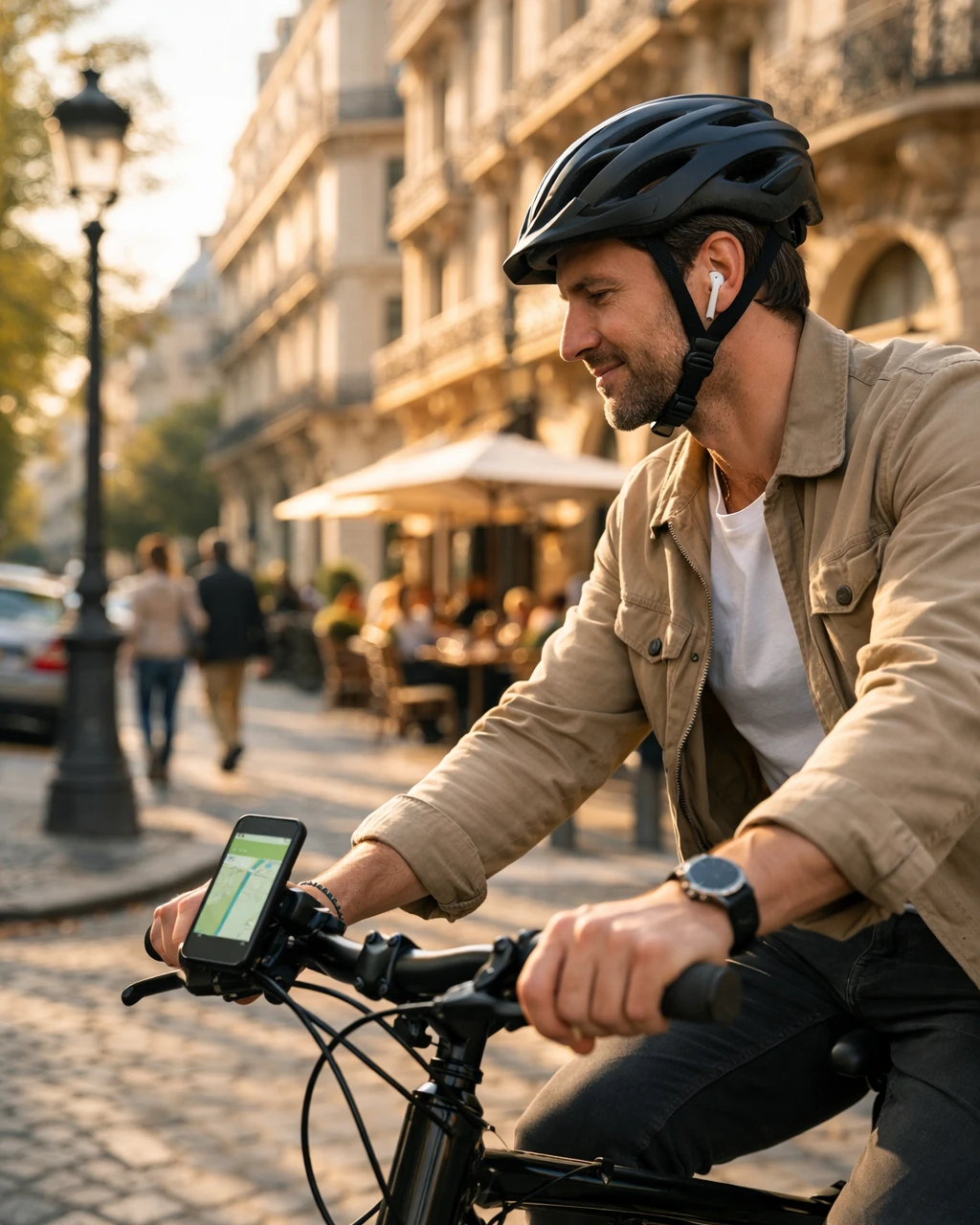 Traveler listening to audio directions while biking through a city