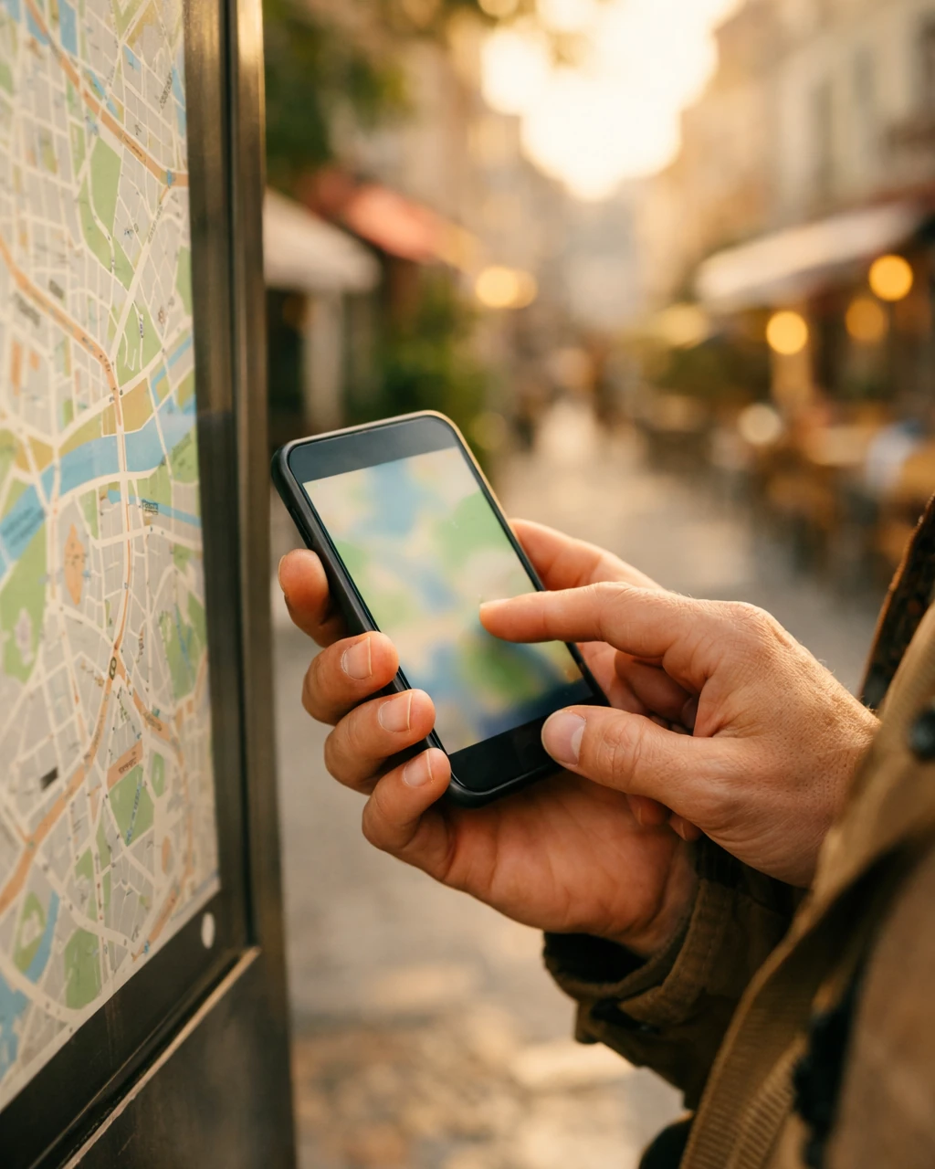 Traveler choosing a starting point on a phone while standing near a city map kiosk