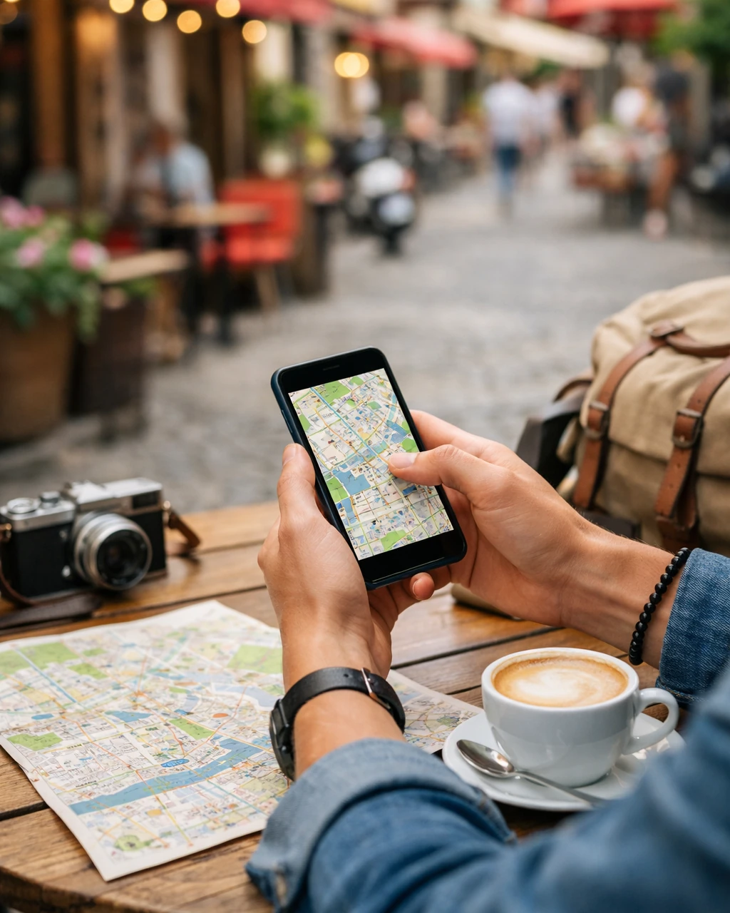 Traveler customizing a tour on a phone at an outdoor café