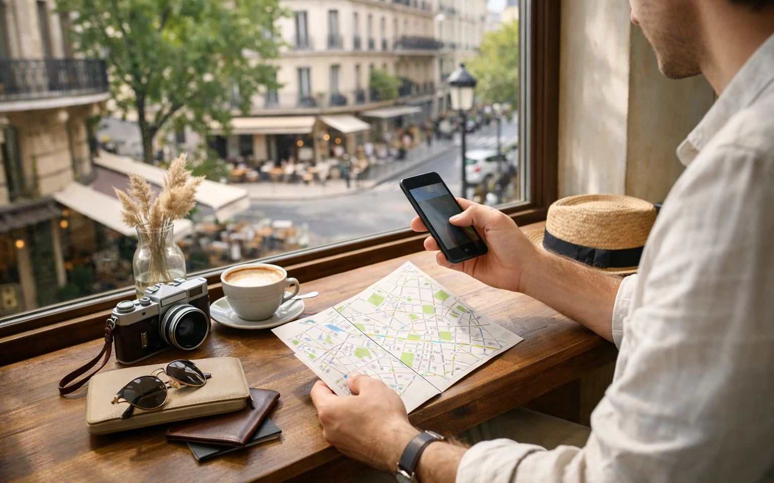 Traveler planning a route from a bright café window with a phone and folded city map